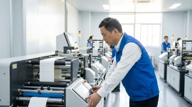 A Skilled Chinese Engineer Precisely Tuning A High Speed Automated Label Manufacturing Machine In A Clean Factory Environment.