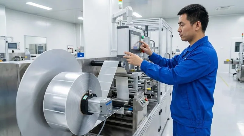 A Skilled Chinese Technician Adjusting The Settings On A High Speed Label Applicator Machine In A Clean Manufacturing Facility.