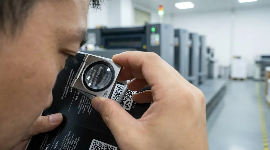 A Skilled Print Engineer Using A 10x Magnifying Loupe To Inspect The Crispness Of Small Text And Qr Codes On A Custom Printed Label.