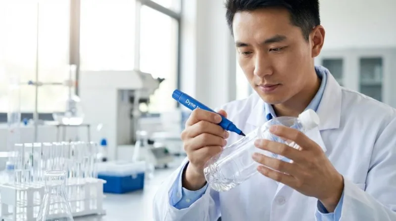 A Skilled Technician Performing A Surface Energy Test Using A Dyne Pen On A Plastic Bottle In A Quality Control Lab.