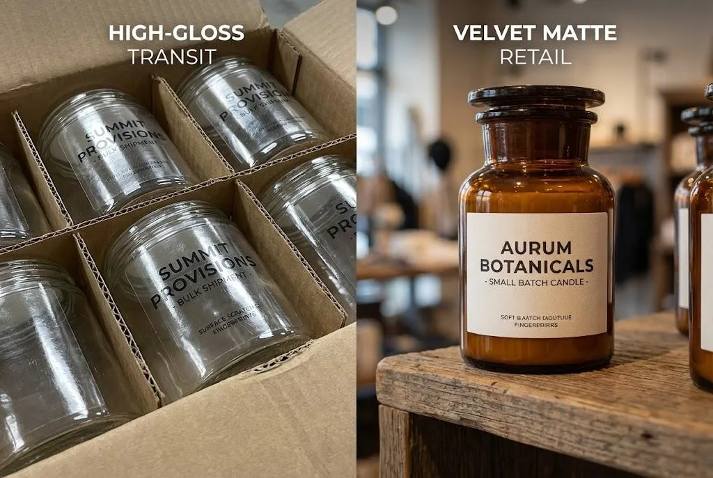 Anti Glare Velvet Matte Custom Labels For Premium Glass Jars On Retail Display.