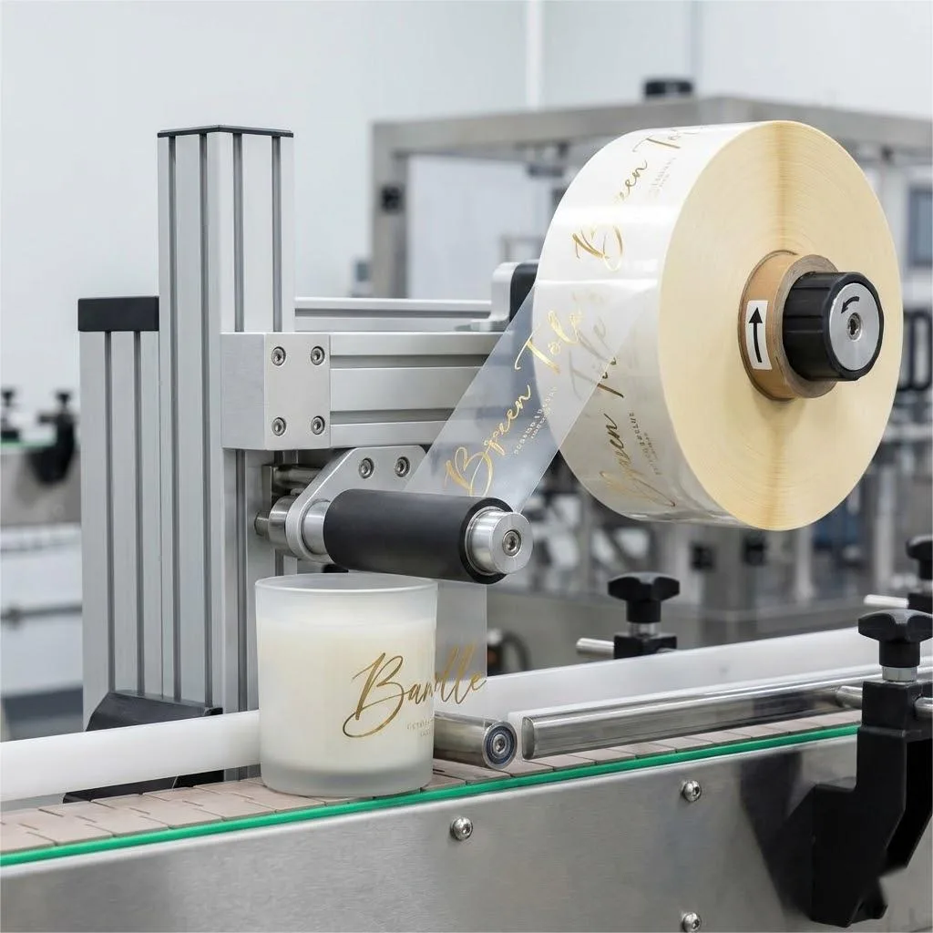 Automated Machine Applying Custom Candle Label Rolls Onto Jars.