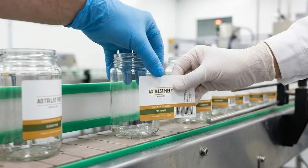 Bubble Free Custom Jar Labels Being Applied On A Professional Packaging Line.