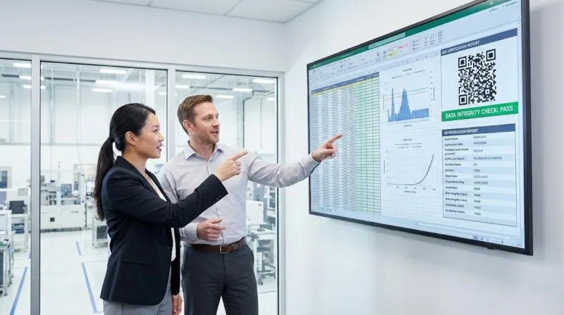 Chinese Project Manager And Procurement Professional Discussing Digital Label Specifications And Data Compliance On A Monitor.、