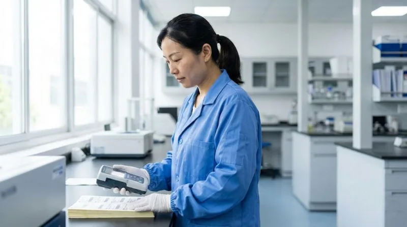 Chinese Quality Control Technician Measuring Color Accuracy Of Printed Label Sheets With A Spectrophotometer In A Professional Laboratory.