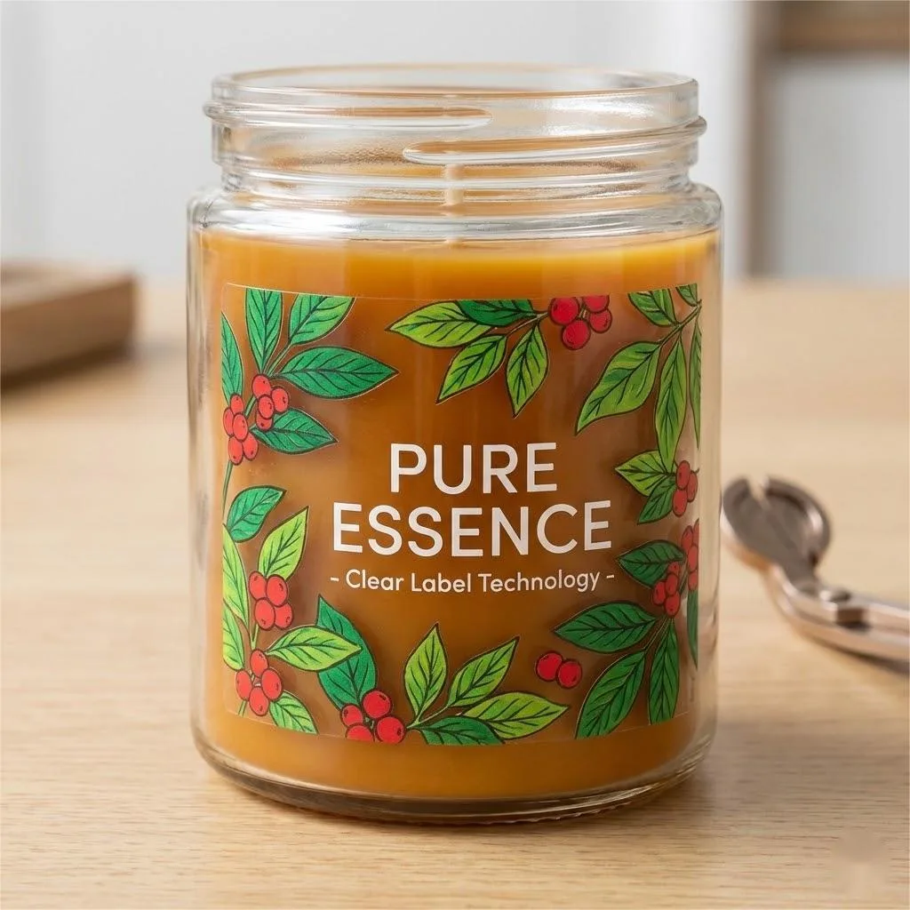 Clear Bopp Candle Labels With White Ink Printing On A Glass Jar.