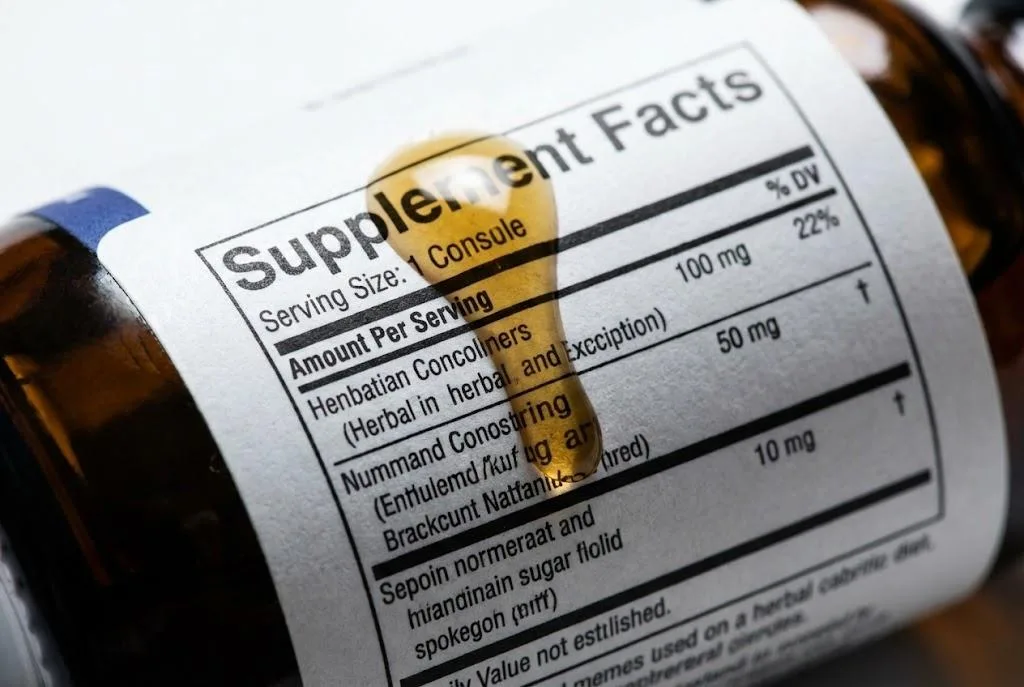 Close Up Of An Oil Droplet On A Supplement Facts Label, Showing Chemical Resistance And Legibility.