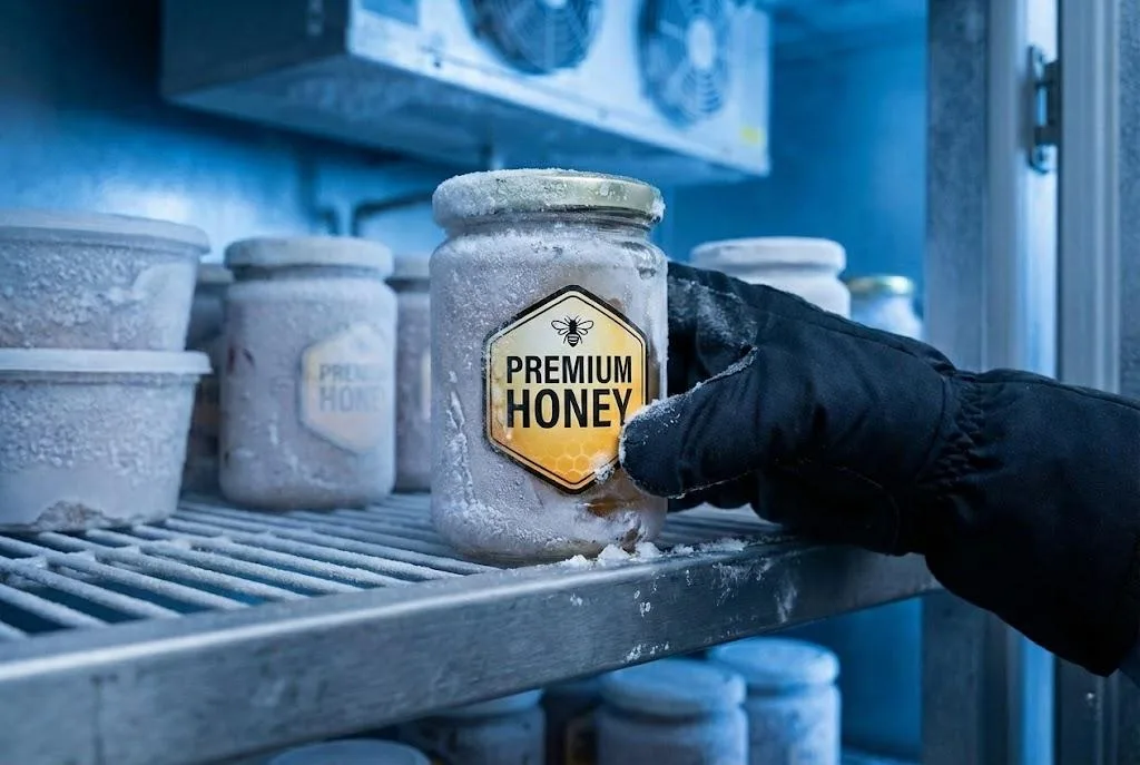 Custom Honey Label Durability Test On A Frozen Jar In Cold Storage.
