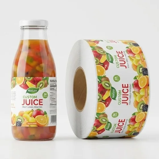 Custom Juice Bottle Labels On A Glass Bottle And An Industrial Label Roll.
