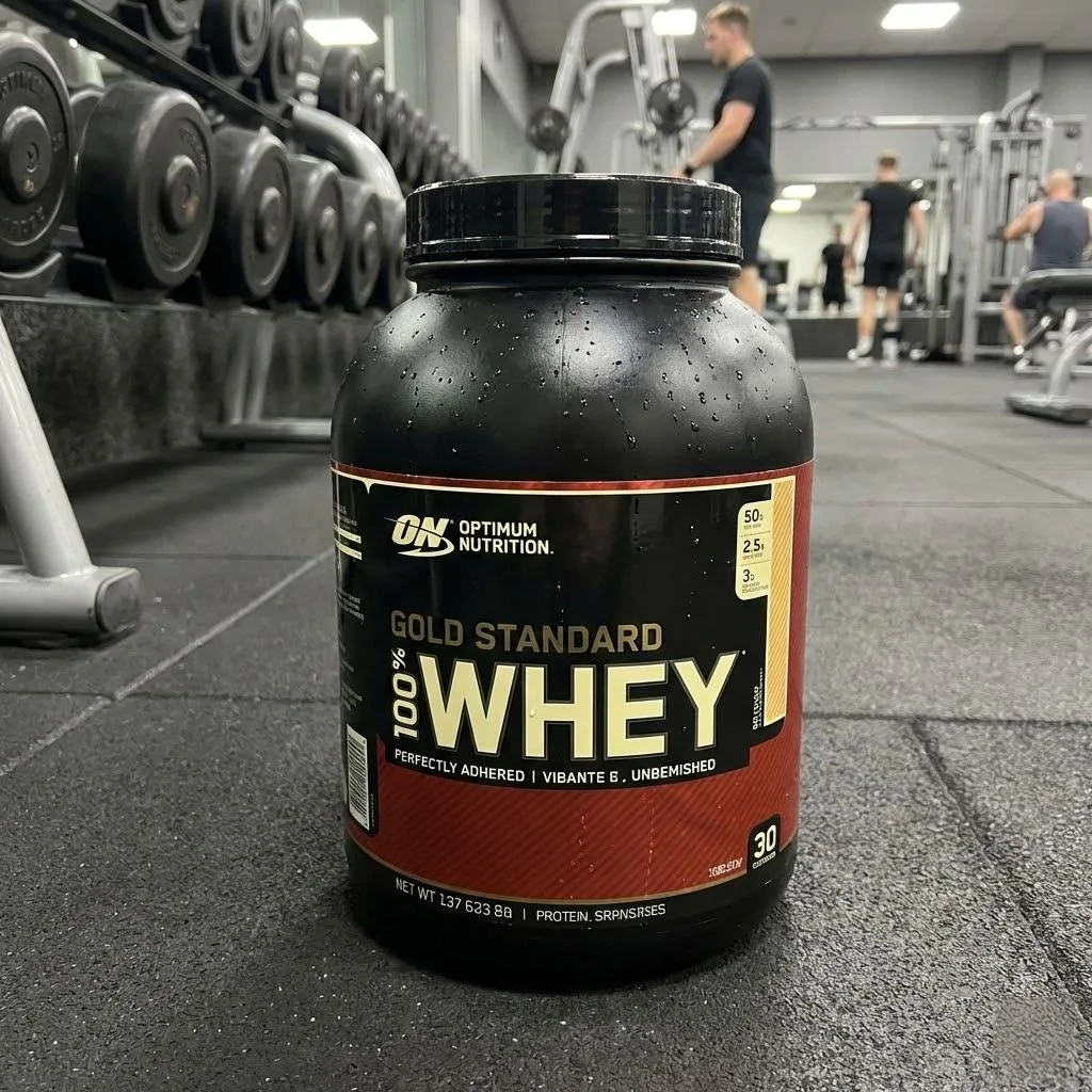 Durable, Water Resistant Sports Nutrition Label On A Whey Protein Tub In A Gym Environment.