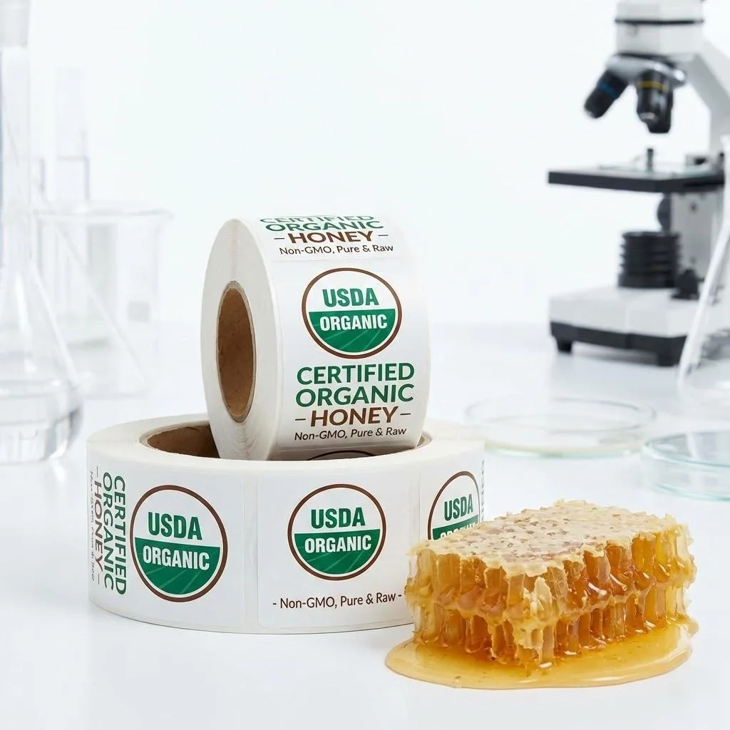 Fda Compliant Organic Honey Labels On A Roll Next To Raw Honeycomb.