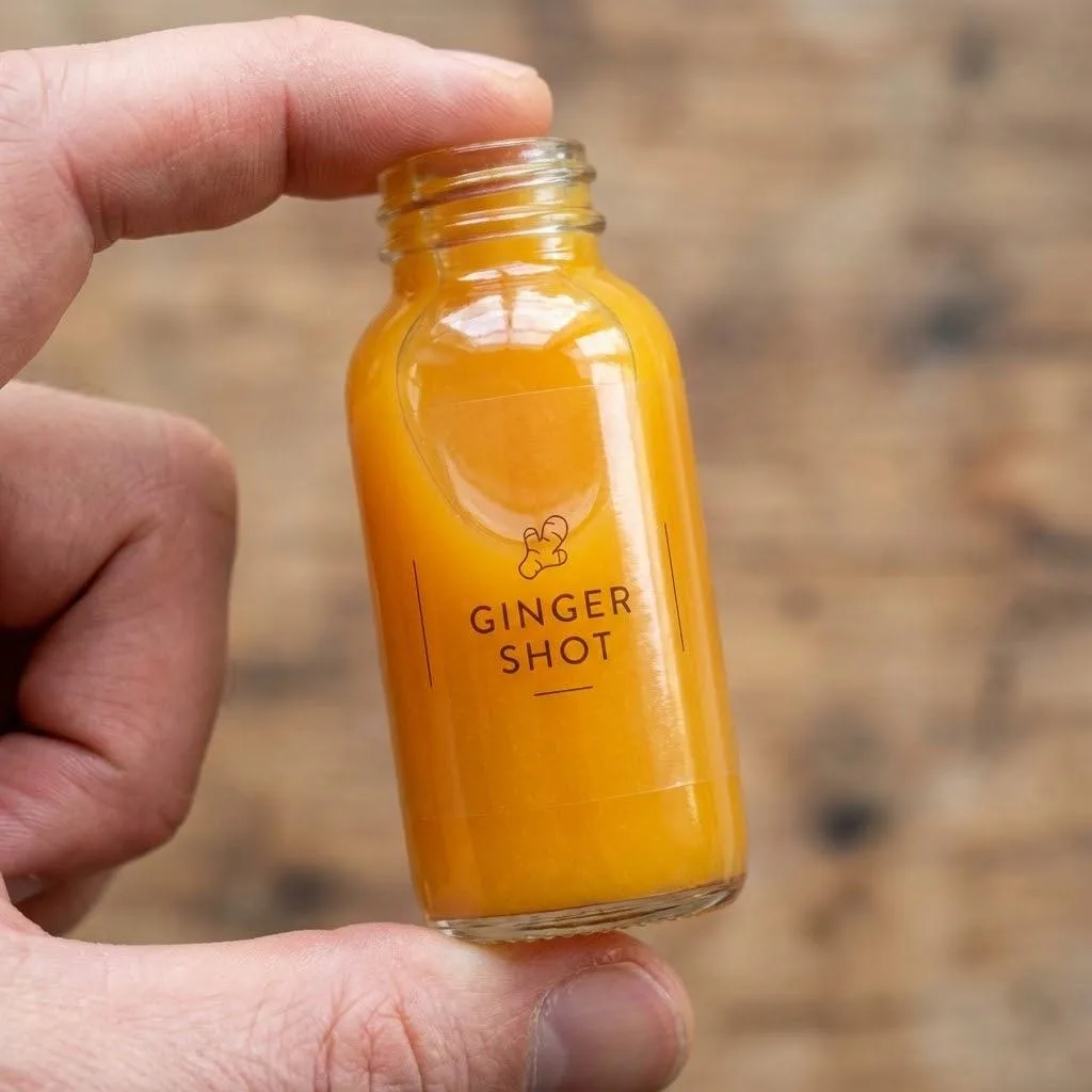 Flexible Wellness Shot Labels For Small Diameter Ginger Shot Bottles.