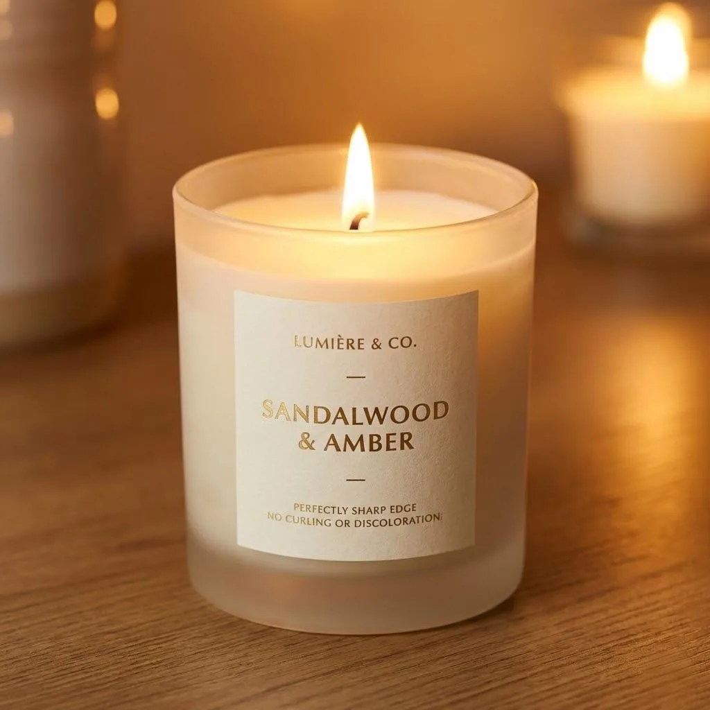 Heat Resistant Custom Labels For Scented Candles In Frosted Glass Jars.