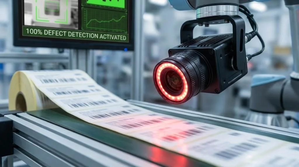 High Speed Ai Vision Inspection System Scanning A Continuous Roll Of Industrial Labels For Zero Defect Quality Control.