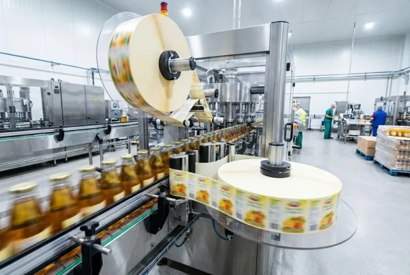 High Speed Automated Beverage Labeling Line Applying Bulk Roll Labels To Juice Bottles For Mass Production.