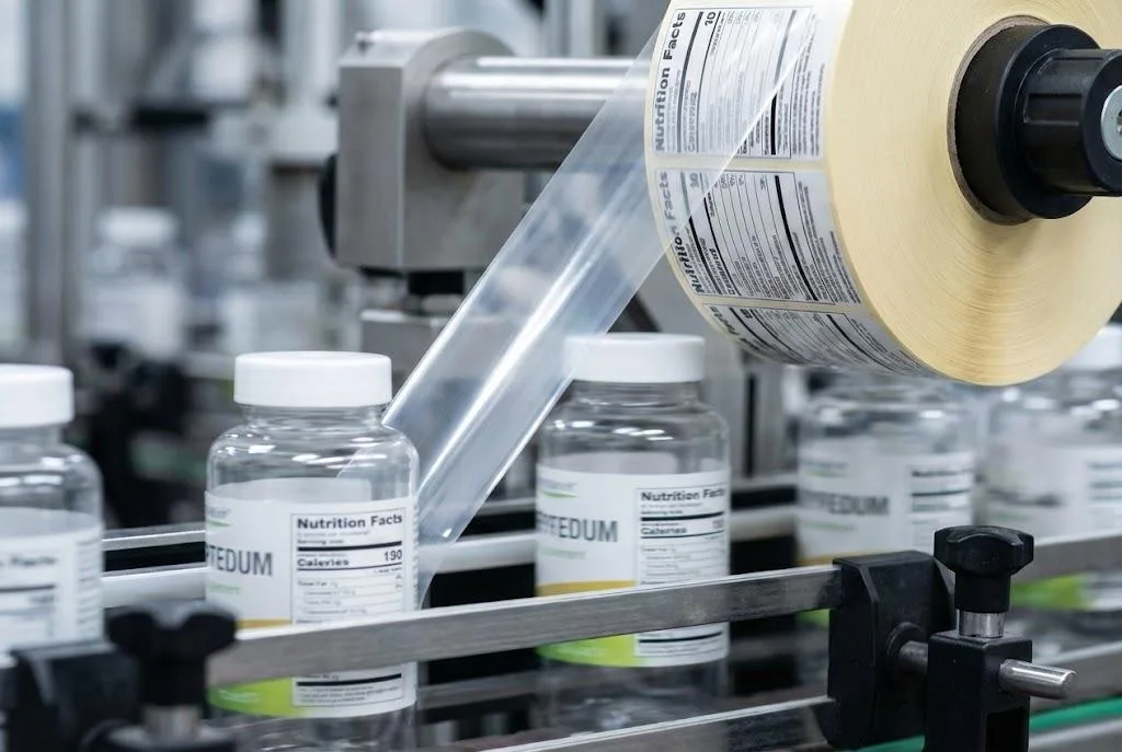 High Speed Industrial Labeling Machine Applying Nutrition Labels Using A Zero Stretch Pet Liner On A Bottling Line.