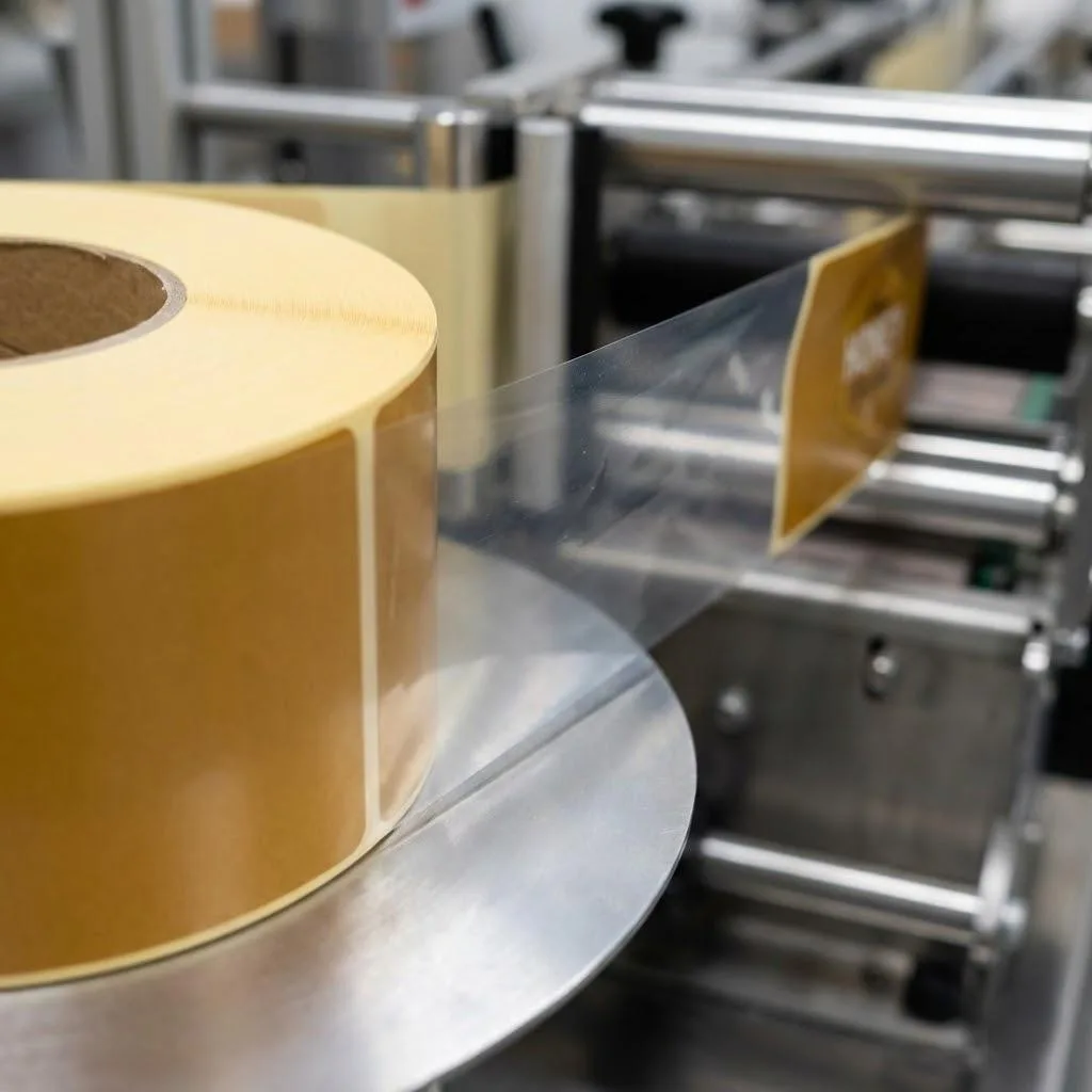 Industrial Honey Label Rolls With Pet Liner On A Labeling Machine.