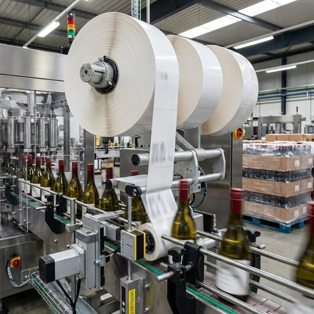 Industrial Rolls Of High Speed Bopp Wine Labels Being Applied On An Automated Bottling Line.