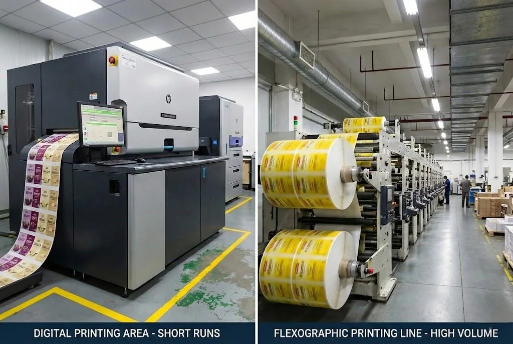 Label Manufacturing Facility Comparing Digital Printing Press For Short Runs And High Volume Flexographic Line.