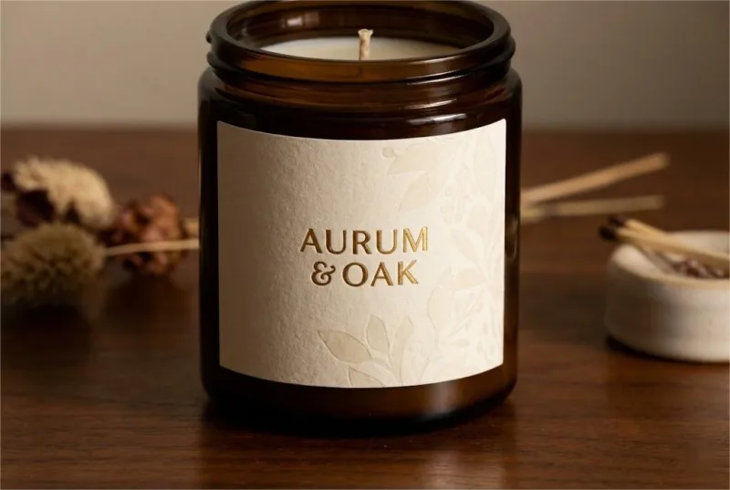 Luxury Artisanal Candle With Gold Foil Stamped Textured Paper Label.