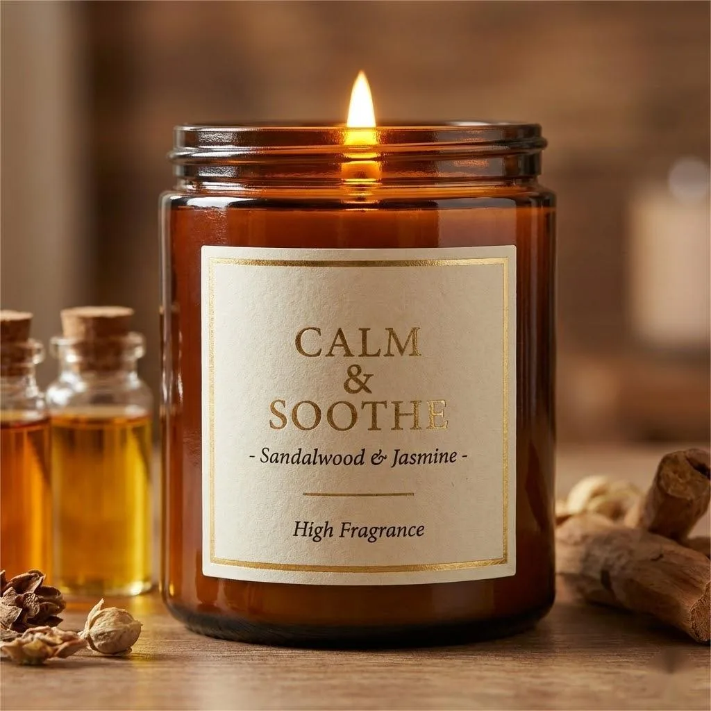 Luxury Textured Paper Candle Label On An Amber Glass Jar.