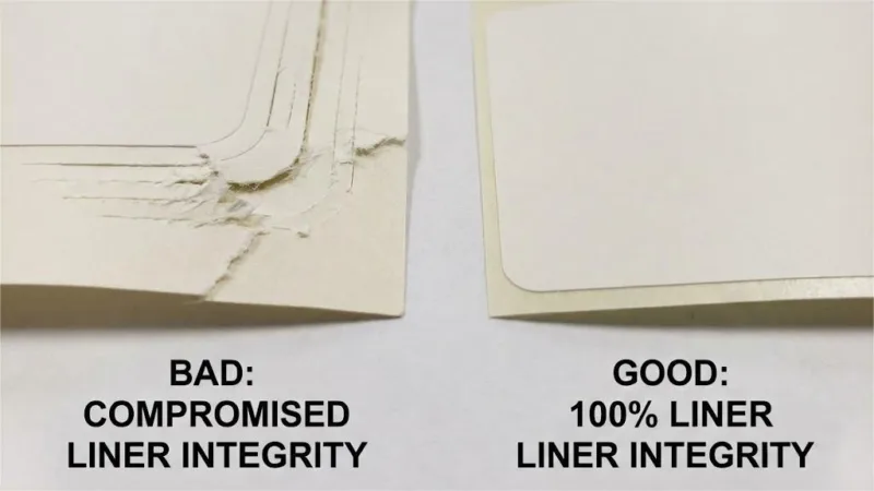 Macro Comparison Of Deep Die Cut Label Liner Versus High Quality Smooth Liner Demonstrating 100% Liner Integrity.