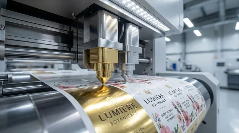 Macro Shot Of A Digital Printing Press Applying 3d Metallic Foil And Varnish Embellishments To Custom Labels.