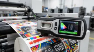 Macro Shot Of A Digital Spectrophotometer Measuring Color Accuracy And Delta E Values On A Printed Label Roll.