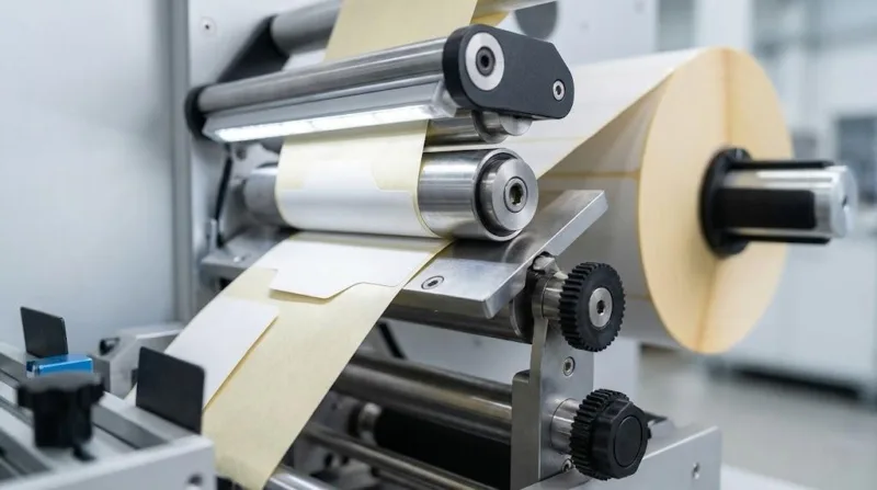 Macro Shot Of A Label Roll Feeding Into An Automatic Applicator Machine, Showing The Precision Of The Label's Leading Edge.