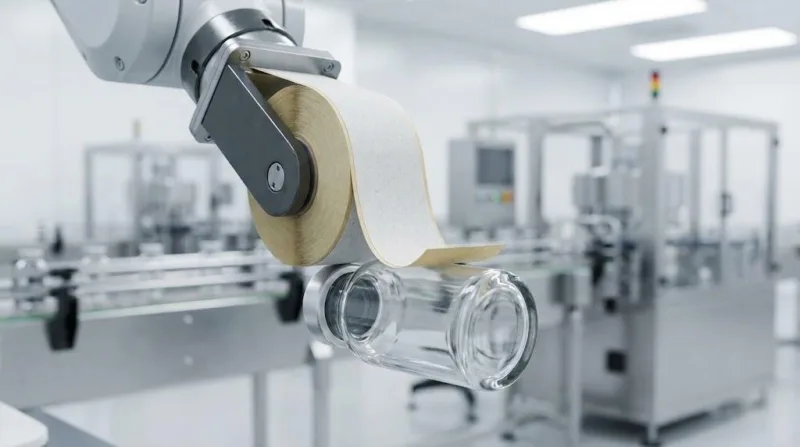 Macro Shot Of An Automated Labeling Machine Applying A Permanent Adhesive Label To A Small Diameter Glass Container.