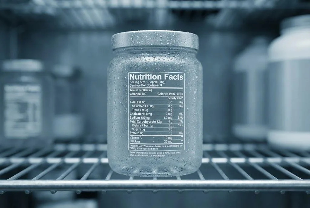 Moisture Resistant Nutrition Facts Label On A Supplement Jar Covered In Condensation Inside A Cold Storage Unit.