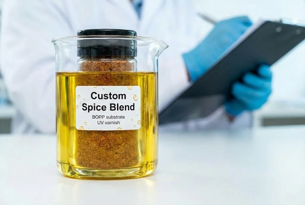 Oil Immersion Test For Oil Resistant Custom Spice Labels.