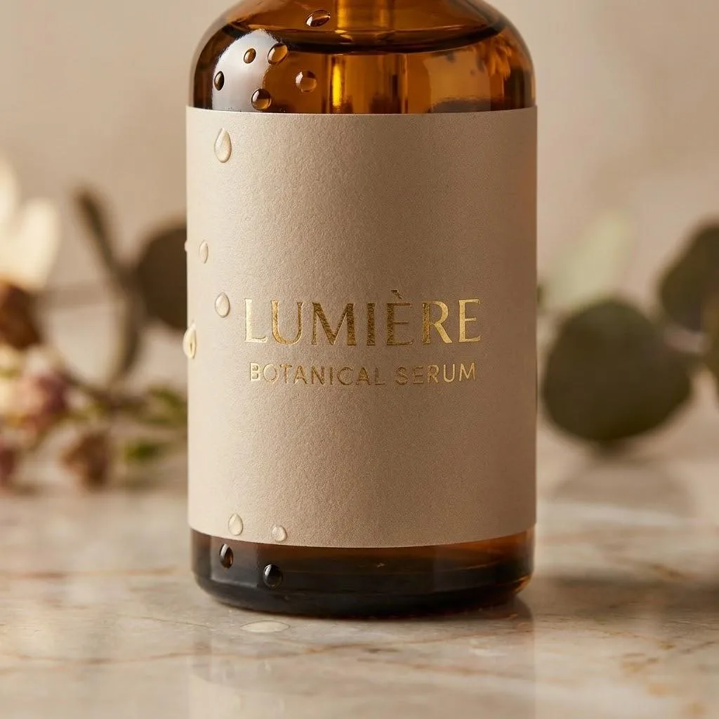 Oil Resistant Custom Labels On Luxury Glass Skincare Serum Bottles.