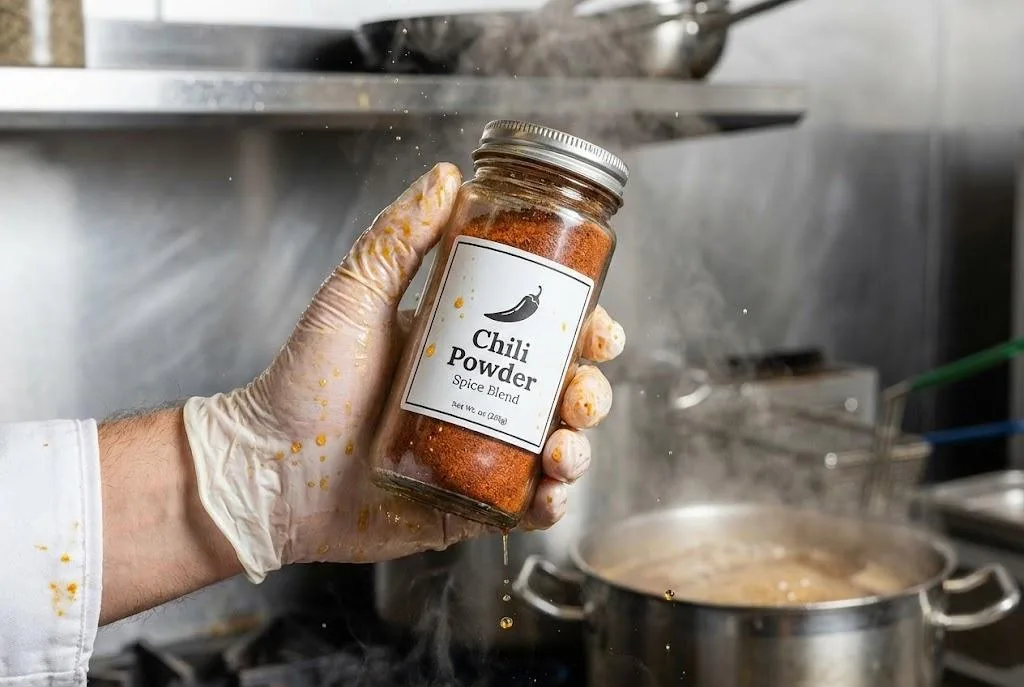 Oil Resistant Custom Spice Label Surviving Heavy Grease In A Professional Kitchen.