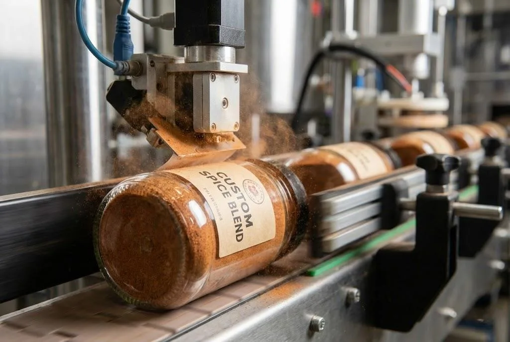 Precision Automated Application Of Custom Spice Labels On High Speed Lines.