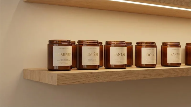 Premium Boutique Candles With Textured Custom Labels Displayed On A Minimalist Retail Shelf. 副本