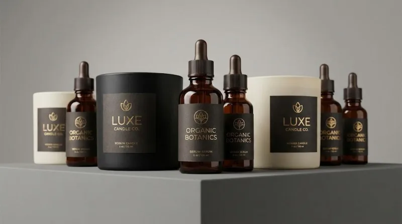 Premium Cosmetic And Candle Products Featuring High Resolution Custom Labels With Rich Black Backgrounds And Gold Foil Finishing.