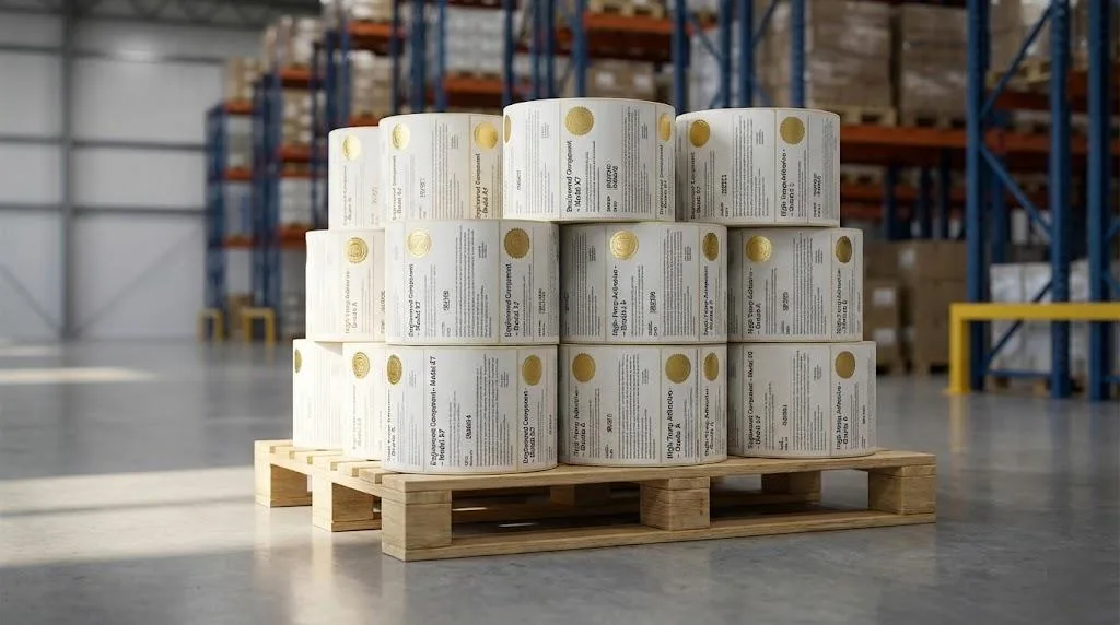 Premium Industrial Roll Labels Stacked On A Pallet In A Clean Warehouse Showing Consistent Printing And Manufacturing Quality.