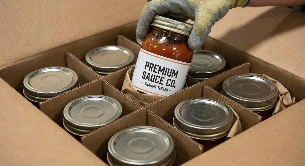 Scratch Resistant Custom Labels On Glass Jars Packed In A Shipping Carton For Transit Protection.