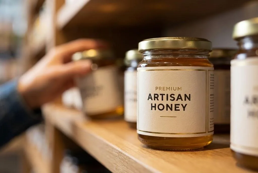 Scuff Resistant Custom Honey Labels On Glass Jars Displayed On A Retail Shelf.