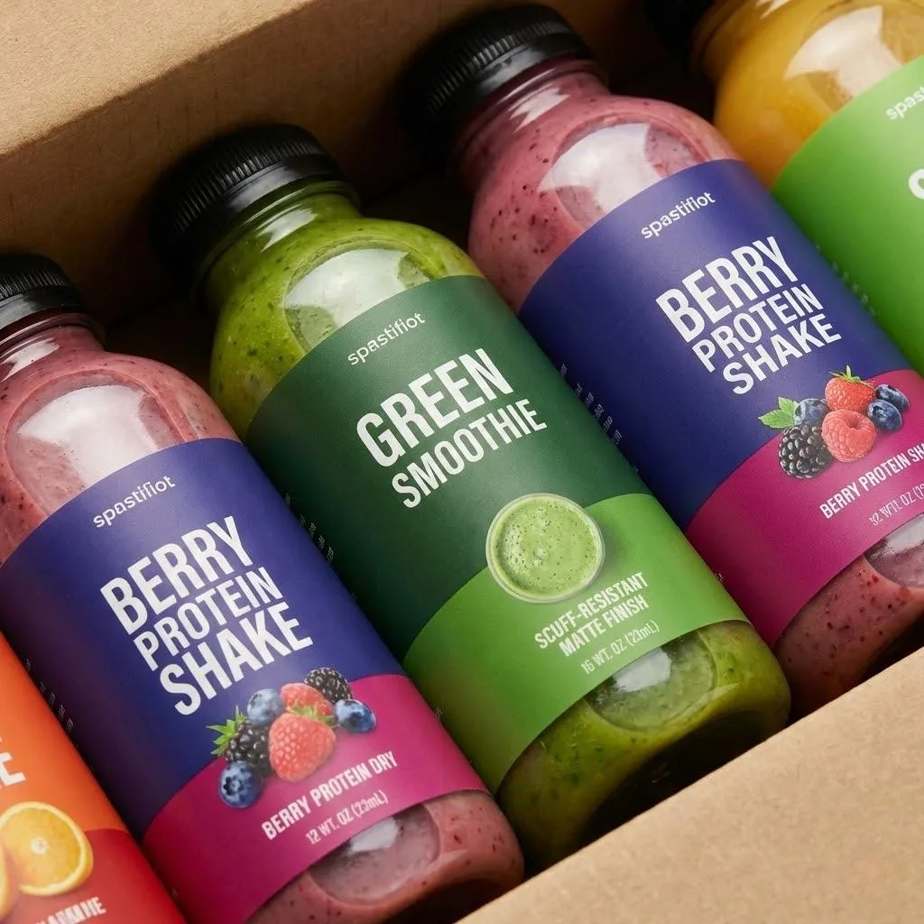 Scuff Resistant Smoothie And Protein Drink Labels In A Transit Shipping Box.