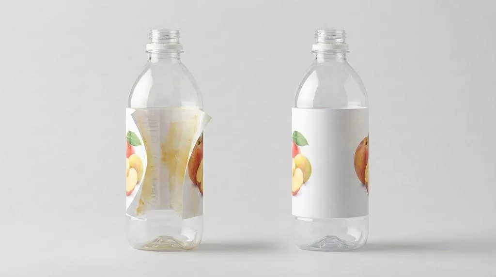 Side By Side Comparison Of A Failing Peeling Label Versus A Perfectly Adhered Bottle Label On Pet Containers.