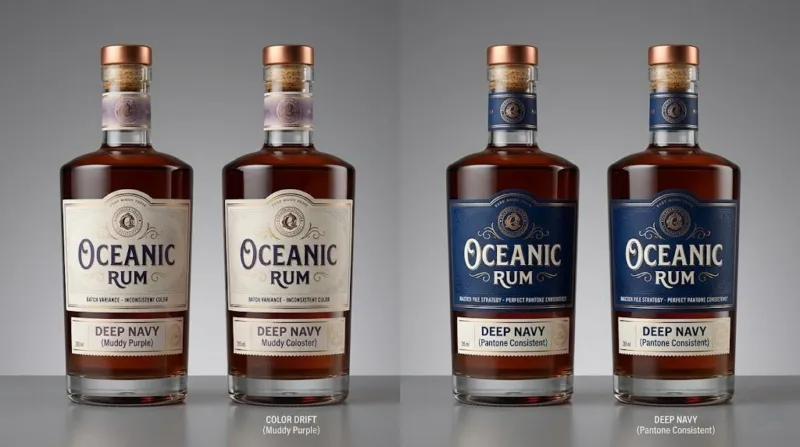 Side By Side Comparison Of Product Labels Showing Color Variance Versus Perfect Pantone Consistency.