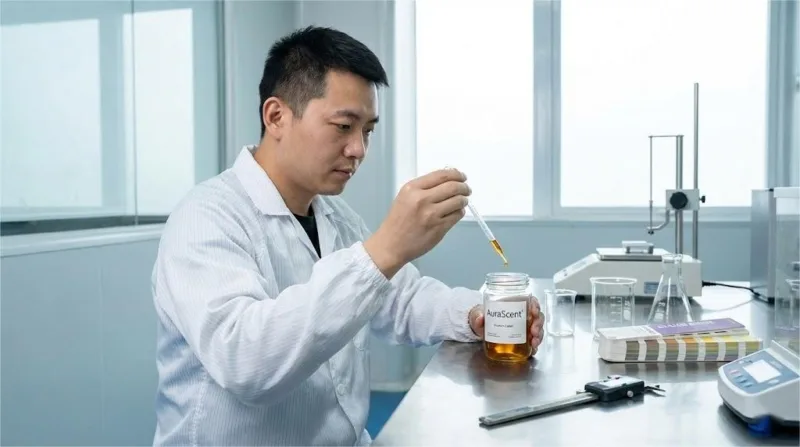 Skilled Technician Performing An Oil Resistance Durability Test On Fragrance Labels In A Quality Control Laboratory. 副本