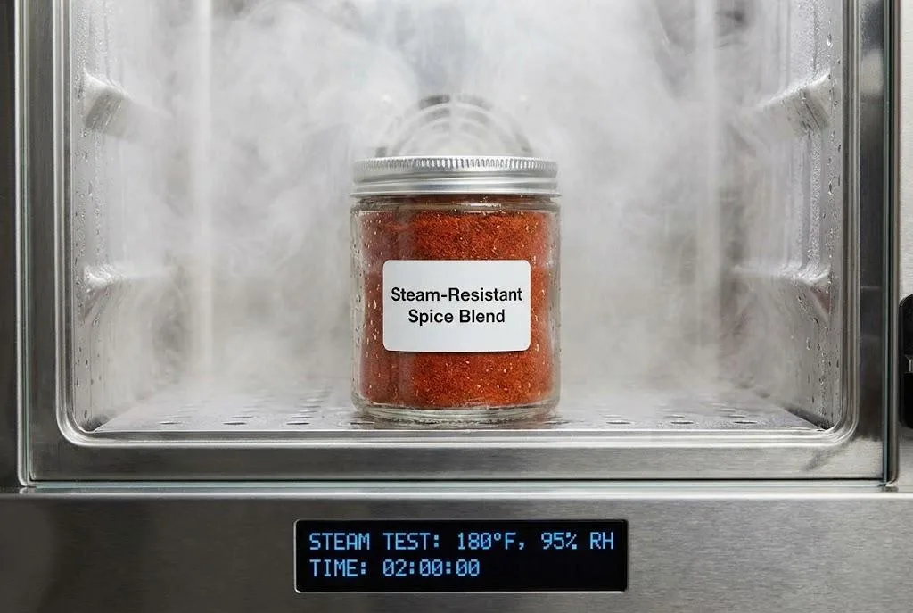 Steam Resistance Test For Steam Proof Custom Spice Labels.