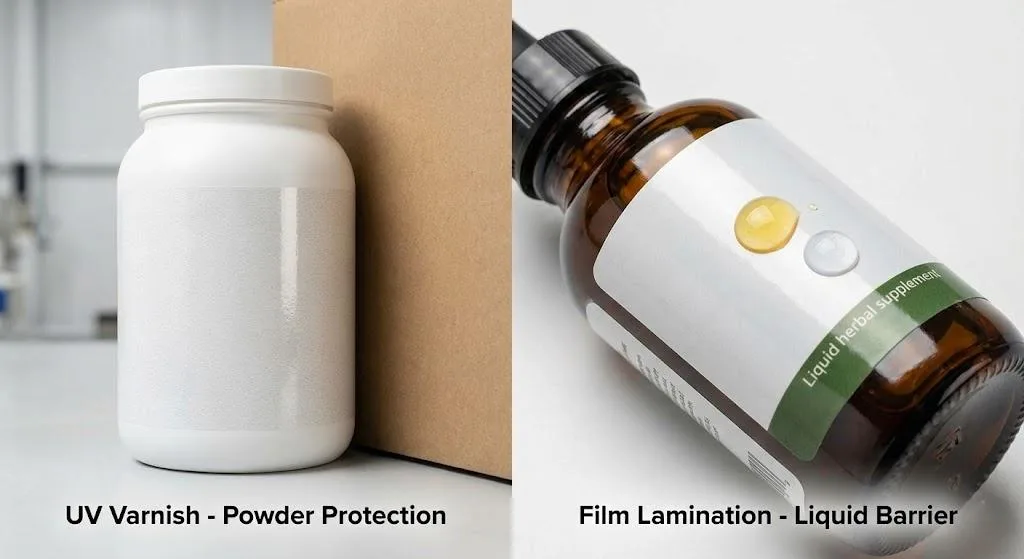 Supplement Label Protection Comparison Uv Varnish Vs. Waterproof Film Lamination On Bottles.