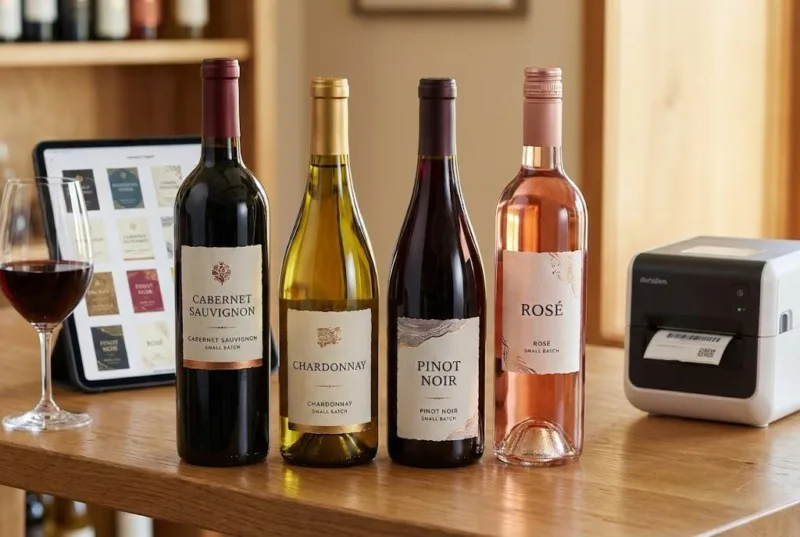 Various Wine Bottles With Custom Small Batch Labels And A Digital Label Printer For Multi Sku Varietals.
