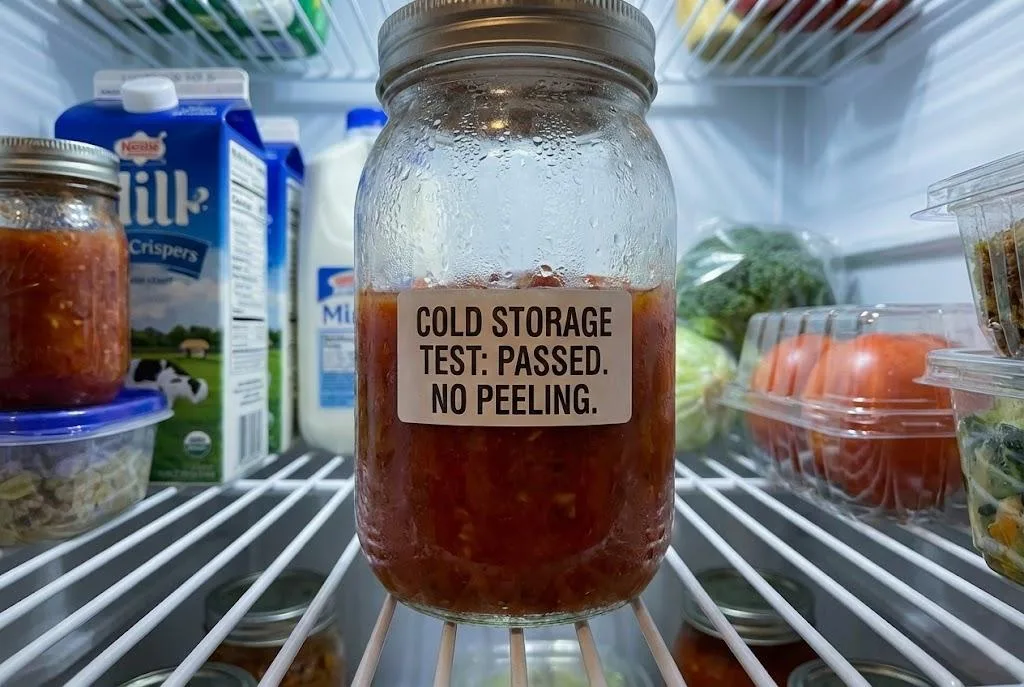 Waterproof Custom Jar Labels In A Cold Storage Refrigerator With Condensation.