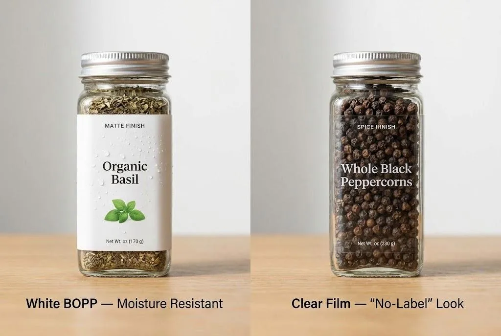 White Bopp Vs. Clear Film Materials For Custom Spice Labels.