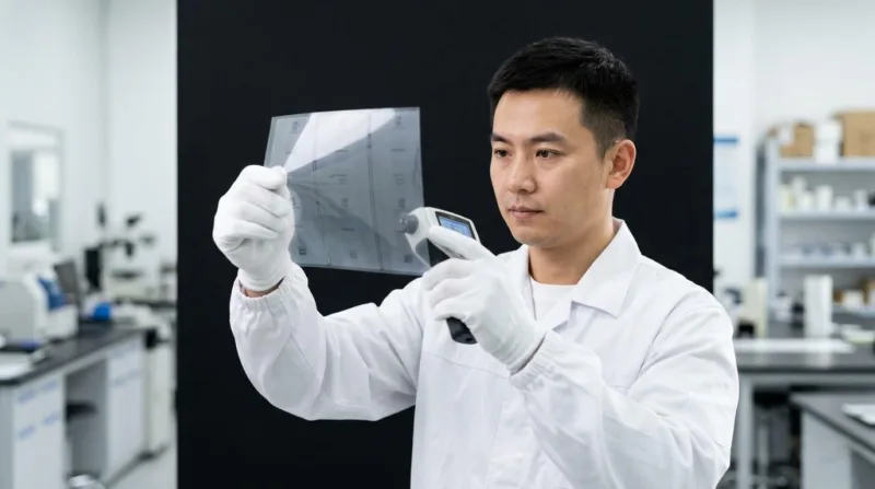 A Professional Technician Inspecting The Clarity And Transparency Of A Clear Bopp Label Roll In A Quality Control Laboratory.